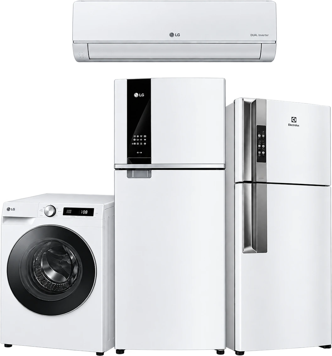 Geladeira, máquina de lavar e ar-condicionado split das marcas LG e Electrolux, atendidos pela Jolmar Especializada em Esteio e Sapucaia do Sul